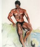 oud bodybuilder in jaren'70;kleur,pastelpotlood,50x65cm 